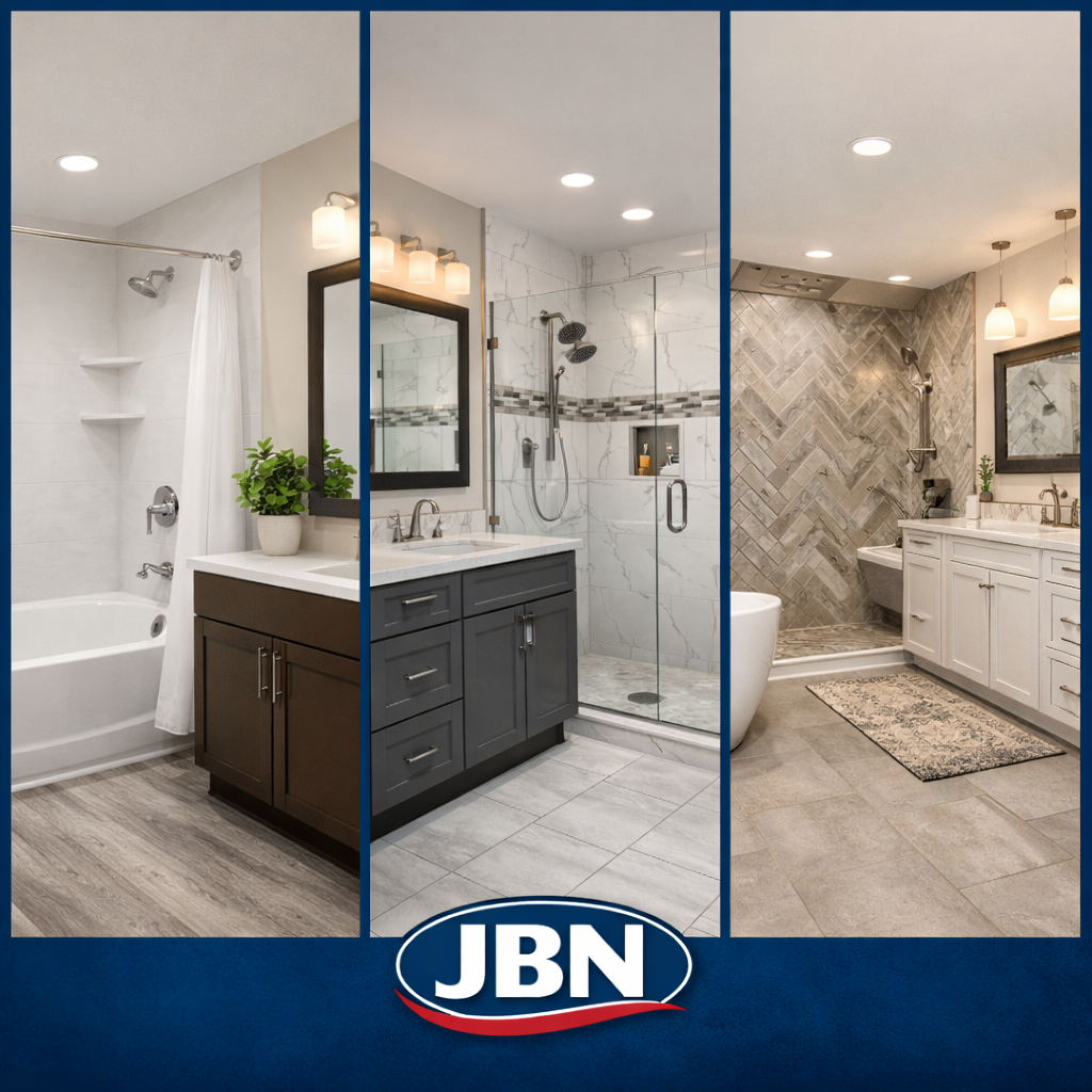 Modern bright bathroom remodel comparison image showing three staged sections representing basic fixture upgrade, mid level shower and vanity renovation, and complete luxury custom tile remodel with premium finishes, clean white surfaces, natural lighting, and JBN Bathroom Remodeling logo centered at the bottom.