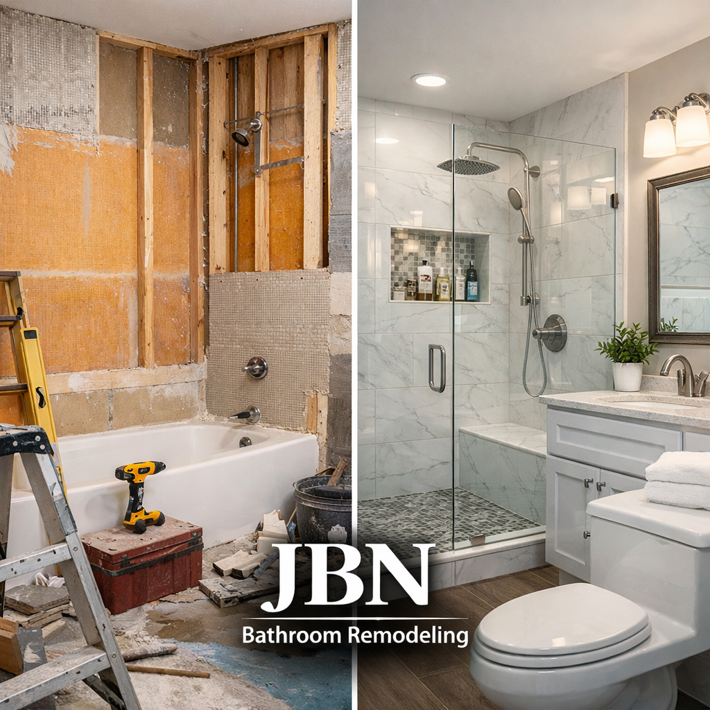 Before and after full bathroom remodel showing demolition phase with exposed studs and tools beside a completed modern bathroom with glass shower, marble tile, white vanity