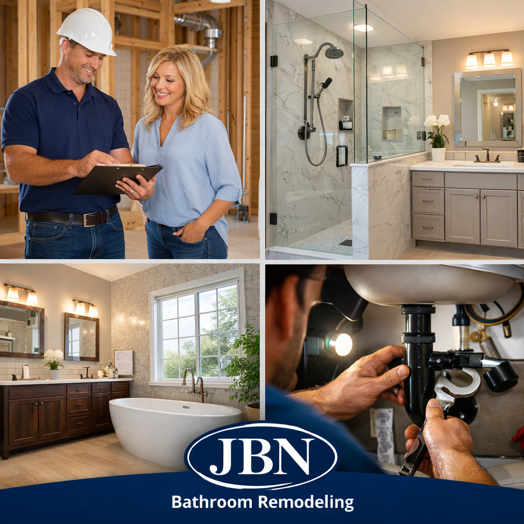 Modern bright bathroom remodel with walk-in shower, frameless glass, custom vanity, neutral tile, and soft natural lighting,