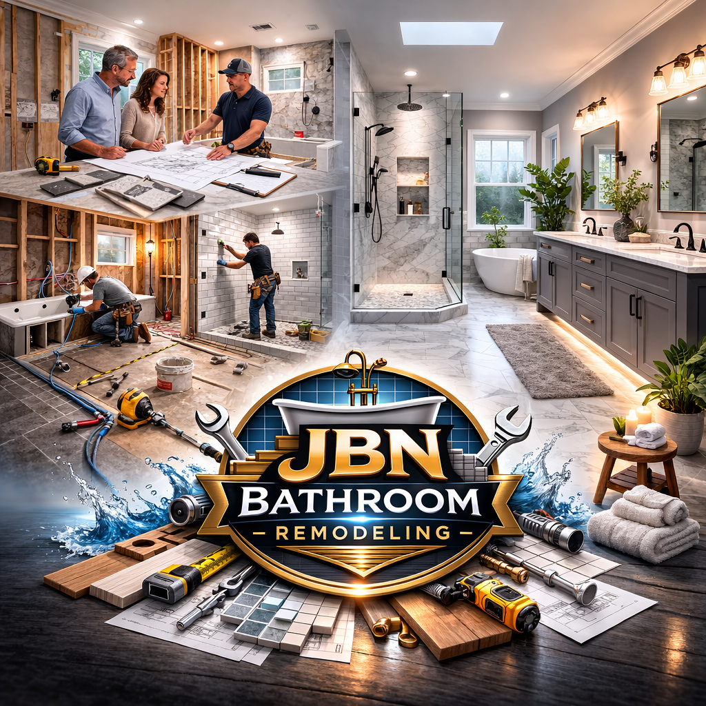 collage showing bathroom remodeling process with layout planning, demolition, plumbing work, tile installation, and finished luxury bathroom,