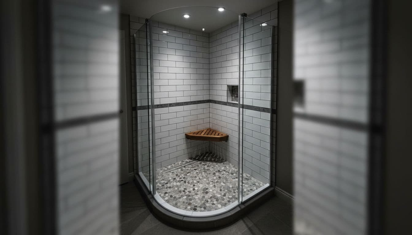 Compact modern walk-in shower in a cozy bathroom corner with single curved clear glass enclosure, pebble stone floor, white subway tiles, built-in teak bench, and dramatic overhead lighting. Space-efficient design ideal for smaller homes, cinematic style with strong contrast and depth of field.