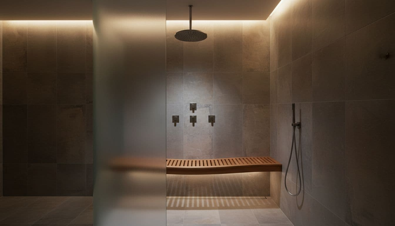 Custom walk-in shower in a contemporary bathroom featuring large format porcelain tiles in neutral tones, curved glass partition, teak wood bench seat, rainfall showerhead, body jets, and handheld wand. Soft dramatic lighting with strong contrast and cinematic depth, wide landscape view of empty shower.