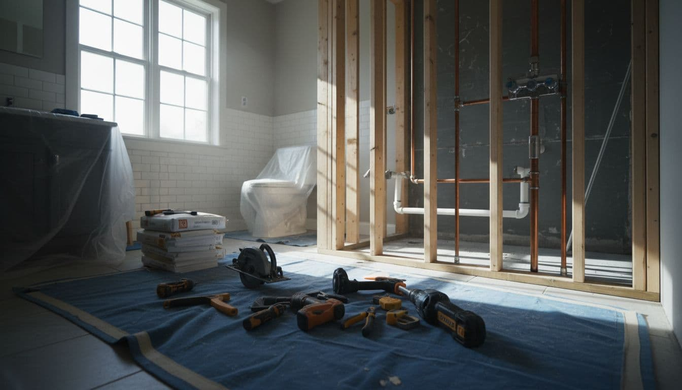 Mid-stage residential bathroom remodel with old bathtub fully removed, exposing clean wooden wall framing and plumbing rough-in pipes, organized tools on protective flooring under natural daylight.