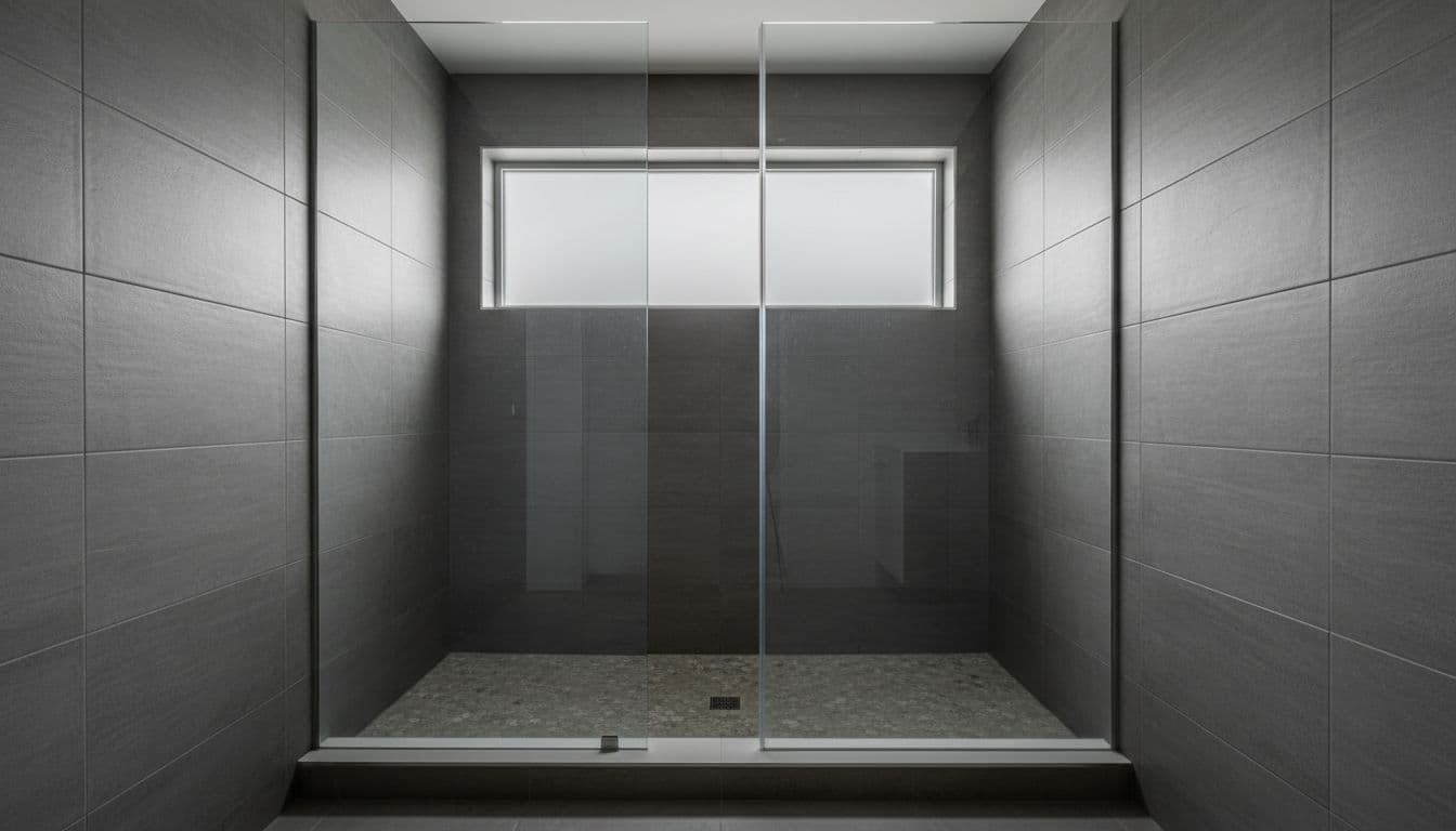 Spacious modern walk-in shower with frameless glass door, sleek tile walls, and textured safety flooring in a contemporary bathroom, illuminated by soft natural light through a frosted window.