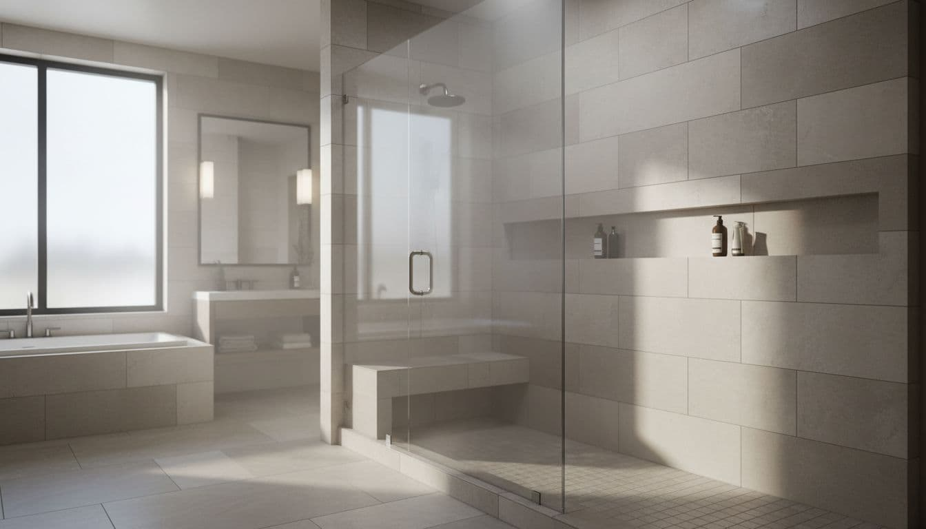 Bright modern walk-in shower featuring porcelain tile walls in neutral tones, frameless glass enclosure, built-in bench, recessed niche shelf, and subtle steam effect in a spacious bathroom with natural light.