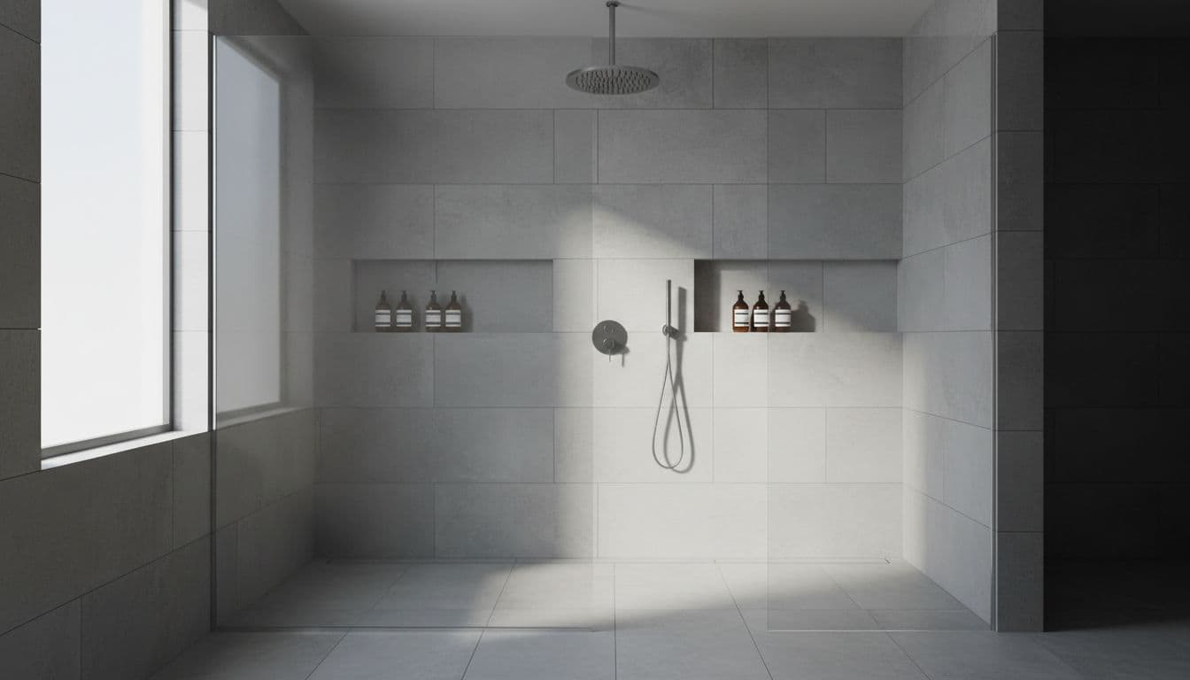 Spacious contemporary bathroom with frameless glass walk-in shower, large-format soft gray porcelain tiles, rainfall showerhead, handheld wand, and built-in niches stocked with amenities. Cinematic style with natural light, subtle steam, strong contrast, and depth of field.