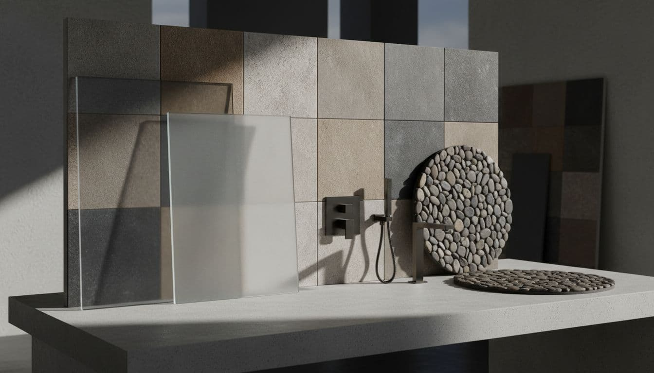 Close-up assortment of modern walk-in shower materials and finishes including frameless glass panels, matte porcelain tiles in earth tones, textured pebble flooring, and chrome matte black fixtures, arranged on a neutral workbench in cinematic style with dramatic lighting.