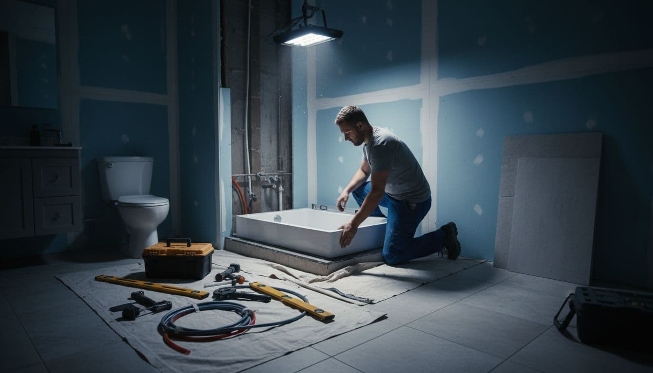 A professional installer kneels to fit a new shower base in a partially renovated bathroom during tub to shower conversion, with tools organized nearby under bright overhead lighting.