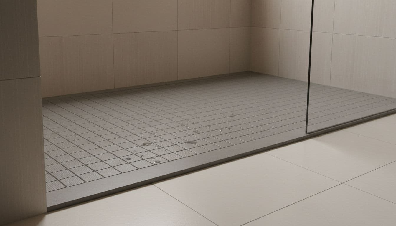 Close-up of slip-resistant textured porcelain shower floor seamlessly transitioning to a low-threshold entry with no step-up, surrounded by modern tile walls and a frameless glass panel, with water beading on the surface under dramatic lighting that emphasizes texture and safety in a minimalist design.