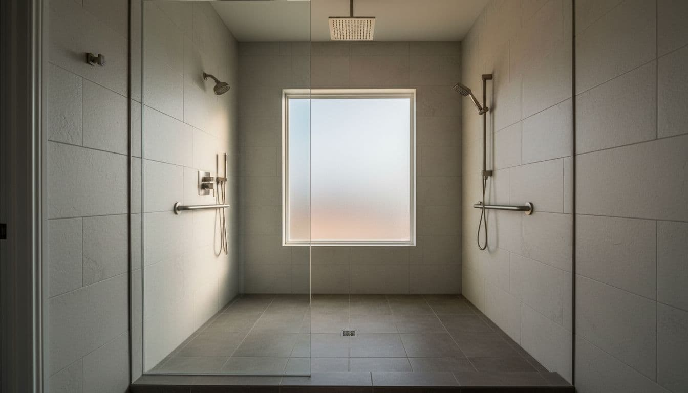 Open-concept low-threshold walk-in shower featuring slip-resistant textured tile floor, integrated grab bars, frameless glass panel, and brushed nickel fixtures, illuminated by natural daylight to emphasize safety and spacious access.