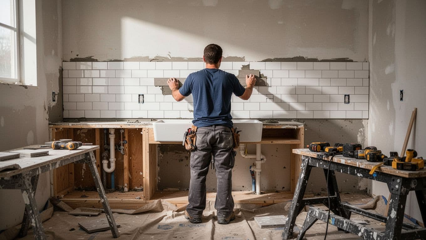 Bathroom remodeling in progress with a single worker from the back installing new subway tile backsplash behind the vanity. Tools on workbench, protective drop cloths, open wall exposing plumbing, well-lit cinematic style with strong contrast and dramatic lighting.