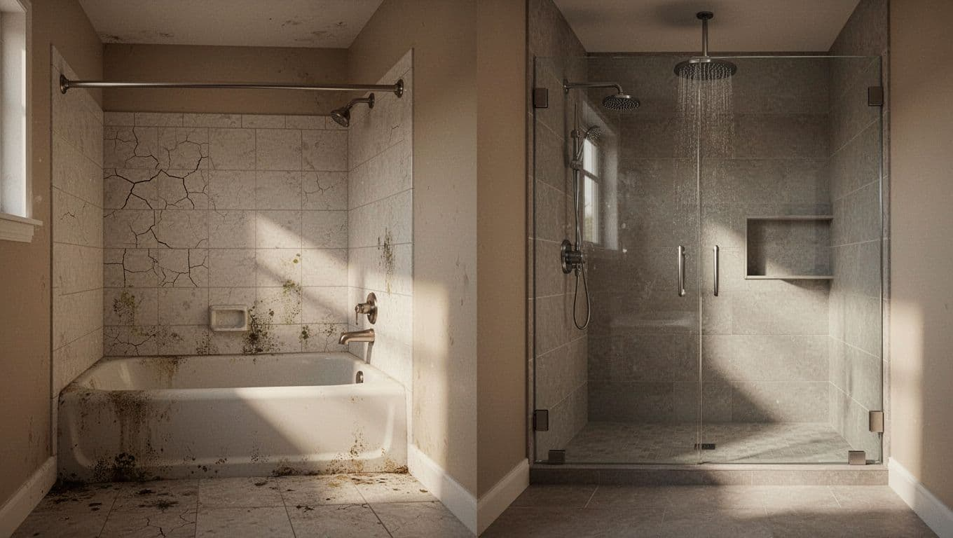 Split composition contrasting an outdated tub-shower combo with cracked tile and mildew on the left against a sleek frameless glass shower with modern large tile, rain head, and niche on the right, in the same bathroom with cinematic lighting and warm neutral tones.