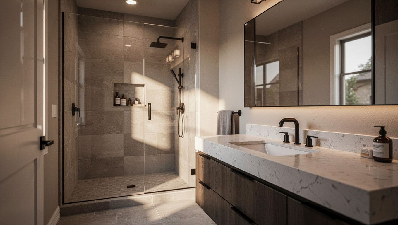 Completed high-end contemporary bathroom remodel in Texas suburban home style, featuring open walk-in shower, sleek quartz vanity, matte black fixtures, large format tiles, and soft warm lighting.