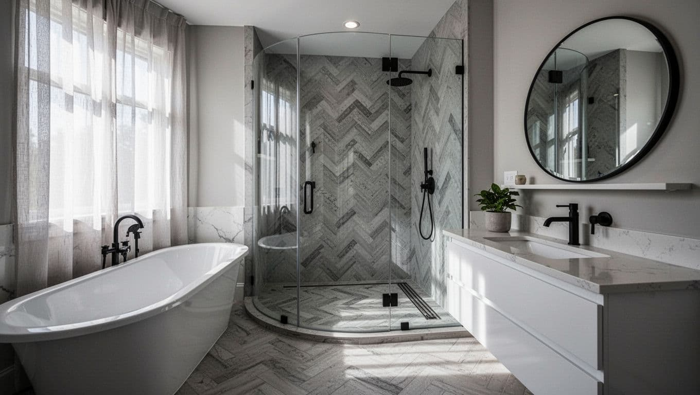Spacious contemporary bathroom showcasing a tub-to-shower conversion with open walk-in shower, curved glass wall, matte black fixtures, herringbone tile floor, linear drain, white quartz vanity, and natural light.