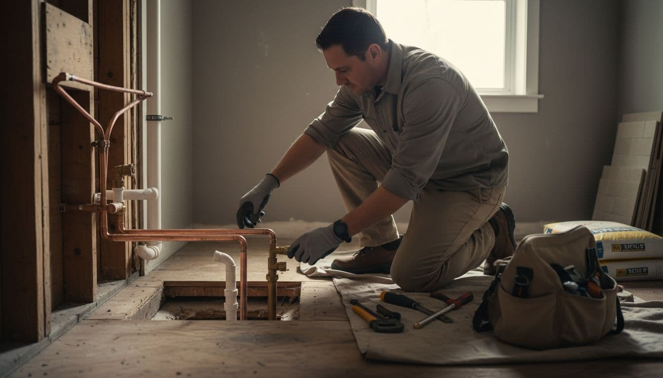 A professional contractor kneels to examine exposed plumbing pipes and subfloor in a cozy Lakewood Village TX bathroom during the preparation phase of a tub-to-shower conversion, with natural light and tools nearby.