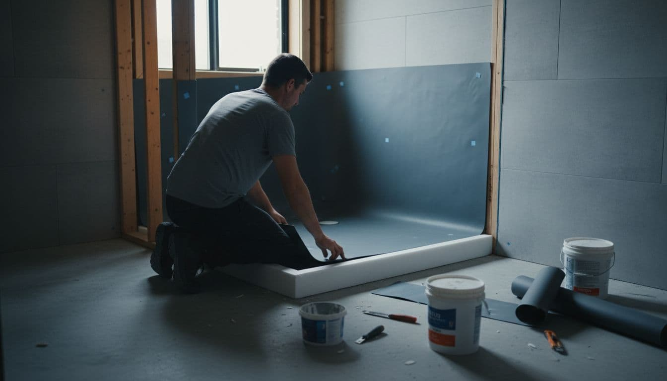 A contractor installs a waterproof membrane and shower base in a walk-in shower frame during a modern bathroom remodel, with tools nearby and focus on construction details. Medium side-angle shot in cinematic style with dramatic lighting and high realism.