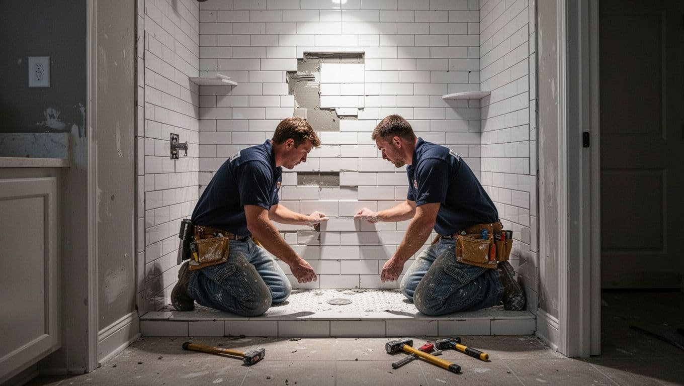 Two workers in uniforms kneeling and laying subway tiles in a shower area during a home bathroom remodel in North Texas, tools nearby in a bright cinematic workspace with dramatic lighting.