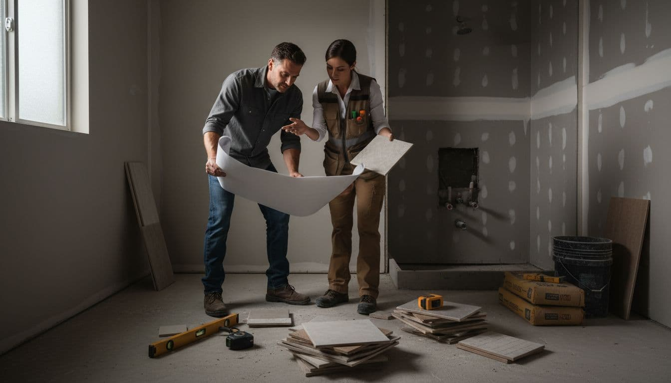 Two contractors discuss blueprints and tile samples in a Lakewood Village bathroom ready for tub to shower remodel, with tools nearby in a cinematic style.