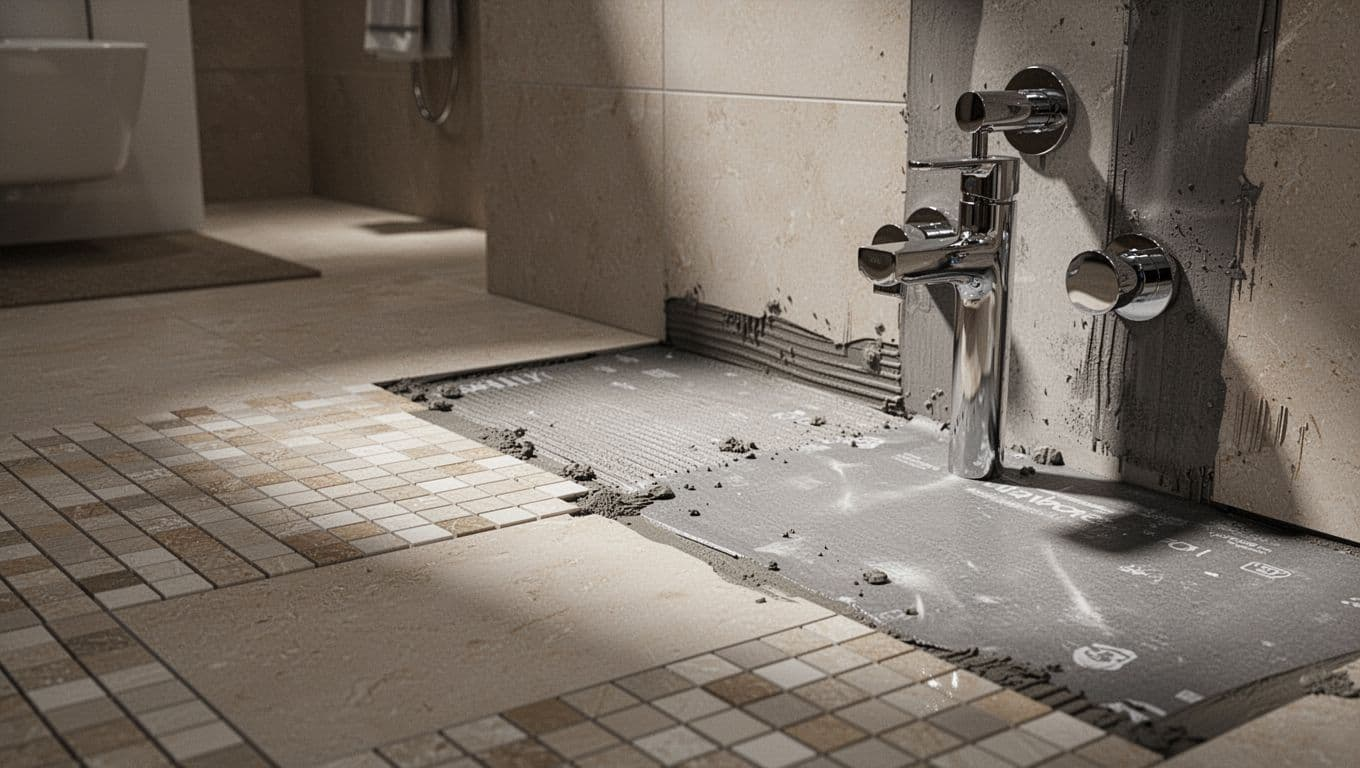 Close-up of textured porcelain mosaic floor tiles for grip, large-format wall tiles, partially visible waterproof membrane, and chrome fixtures, captured in cinematic style with dramatic overhead lighting emphasizing water resistance and quality.