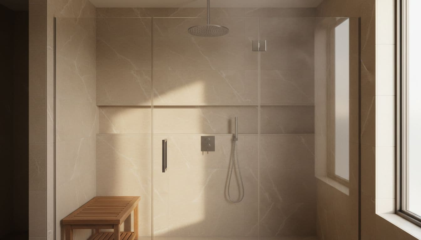 Luxurious modern walk-in shower enclosure featuring frameless glass doors, rain showerhead, handheld wand, built-in niche shelves, and teak bench with large-format porcelain tile walls in neutral tones and soft steam effect.