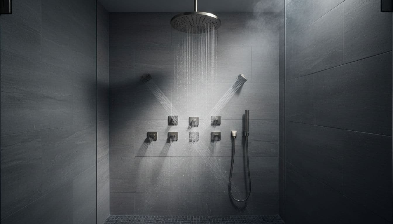 Premium rainfall showerhead with side body jets and handheld sprayer mounted on a tiled wall in a modern glass-enclosed shower, featuring subtle water spray, steam, and high-end brushed nickel fixtures in cinematic style.