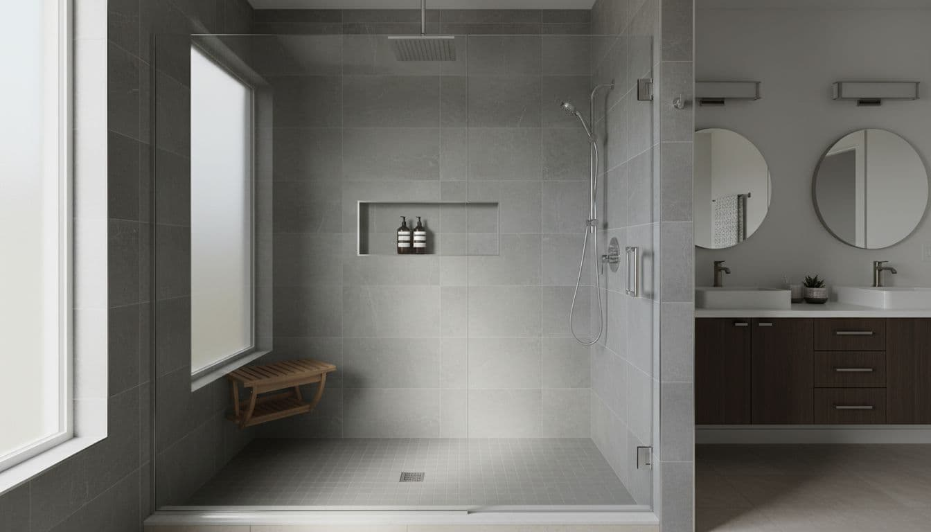 Spacious modern walk-in shower featuring large-format porcelain tiles, frameless glass enclosure, built-in niche shelf, fold-down bench seat, and rainfall showerhead in a bright contemporary suburban bathroom. Wide-angle cinematic composition with dramatic side lighting, no people or text.