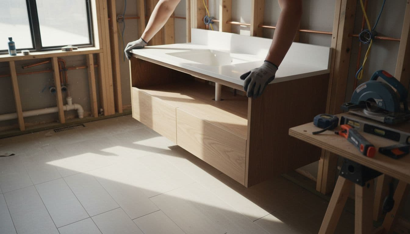 Clean modern bathroom under construction featuring new quartz countertop on vanity being installed, partial neutral porcelain tile floor, open walls with plumbing rough-in, and worker's hands resting on vanity. Cinematic close-up emphasizes craftsmanship with natural daylight, dramatic lighting, and strong contrast.