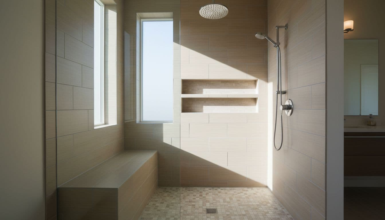 Spacious walk-in shower with low-threshold entry, neutral porcelain tile walls, built-in bench, niche shelves, frameless glass panel, slip-resistant mosaic floor, rainfall showerhead, and natural light.