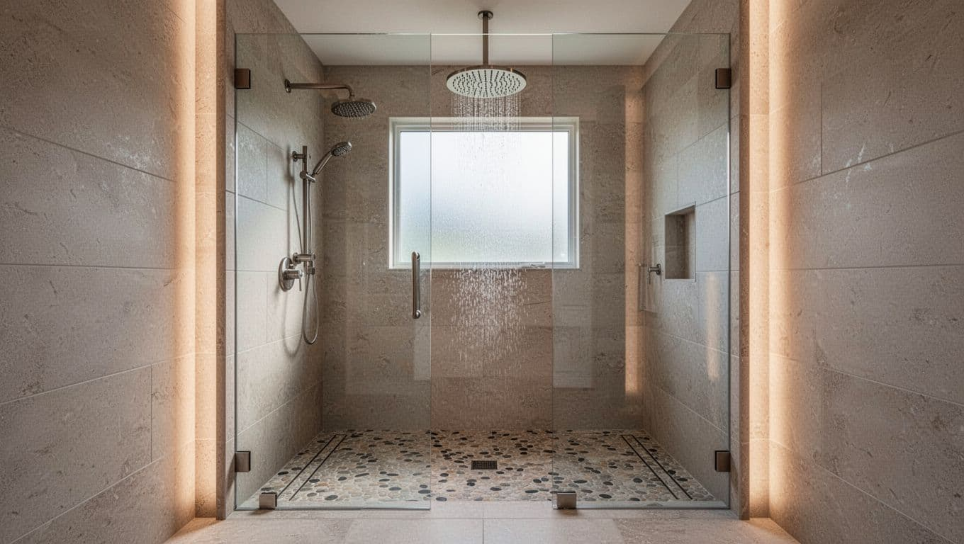 Spacious modern walk-in shower with frameless glass enclosure, oversized rain showerhead, neutral textured porcelain wall tiles, pebble stone floor, and soft natural light from frosted window in cinematic style.