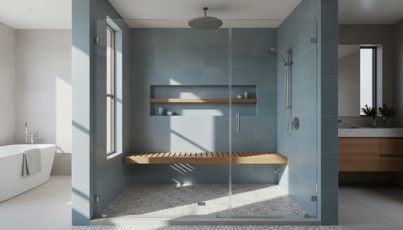 Spacious modern walk-in shower featuring frameless glass door, pebble floor, built-in bench, niche shelves, and rainfall showerhead in a contemporary Texas home bathroom. Wide composition emphasizes open entry with no threshold, cinematic style with dramatic lighting and neutral palette.