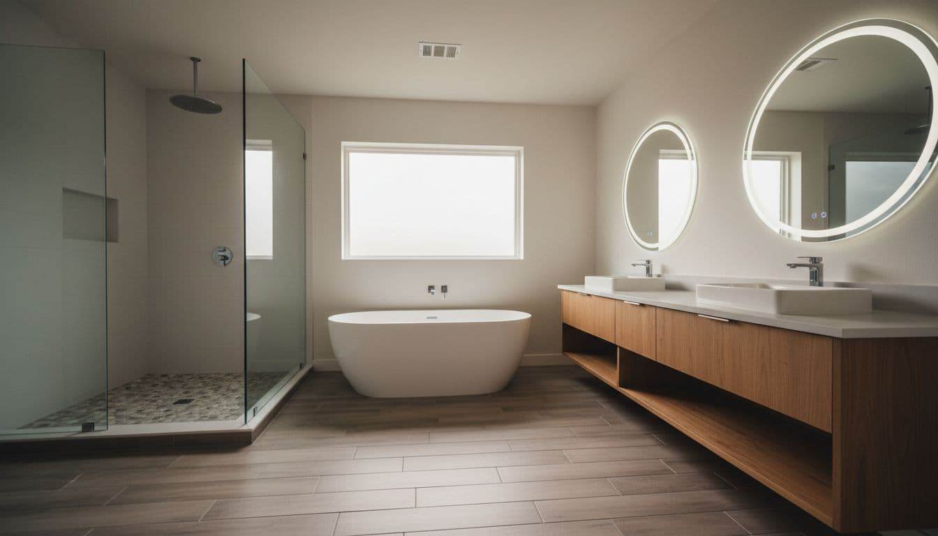 Modern custom bathroom remodel with spacious walk-in shower featuring glass enclosure, rain showerhead, and pebble floor, adjacent freestanding soaking tub on wood-look tile, large dual-sink vanity, neutral palette with wood accents, and bright natural light.