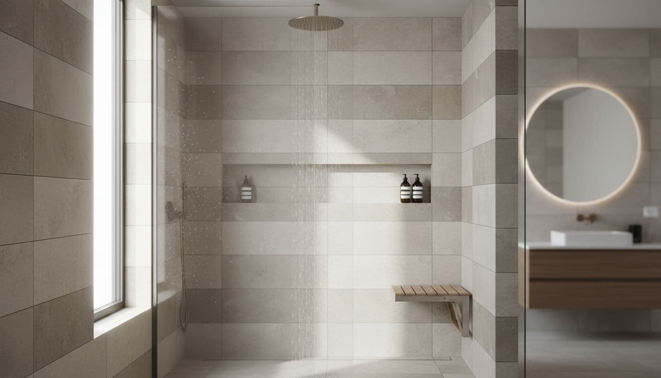 Spacious modern walk-in shower with large-format matte porcelain tiles in neutral tones, frameless glass enclosure, built-in niche shelf, fold-down bench seat, rainfall showerhead, and natural light in a clean contemporary bathroom.