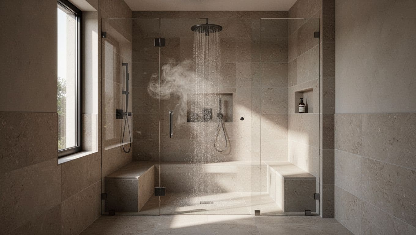 Spacious modern walk-in shower in a contemporary bathroom with large-format porcelain tiles in neutral tones, frameless glass enclosure, built-in bench, niche shelf, rainfall showerhead with steam effect, and natural light from a window. Cinematic style with strong contrast, depth, and dramatic lighting.