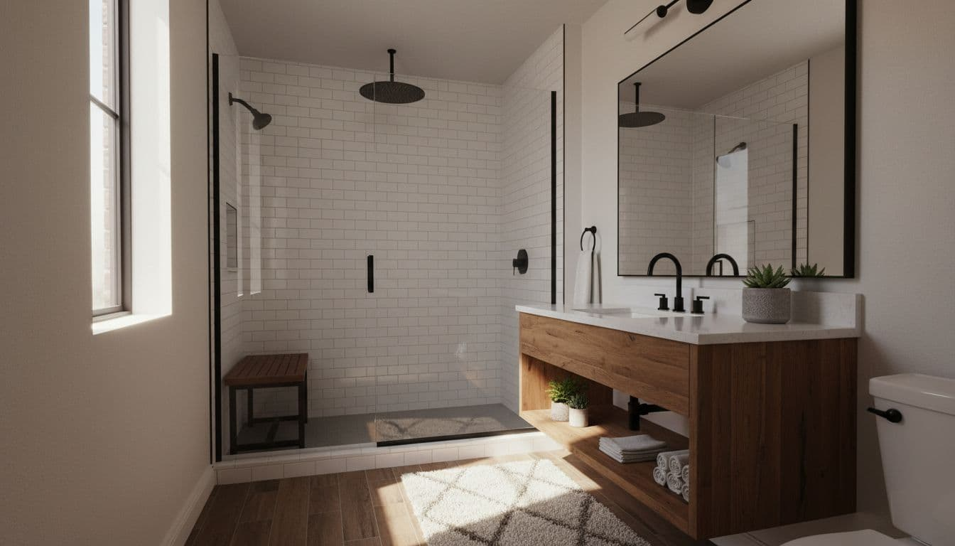 Spacious walk-in shower featuring glass enclosure, large rain showerhead, and subway tile walls in a cozy Texas home bathroom remodel. Floating vanity with quartz countertop, wooden accents, clean white fixtures, and dramatic cinematic lighting with shadows from side window.