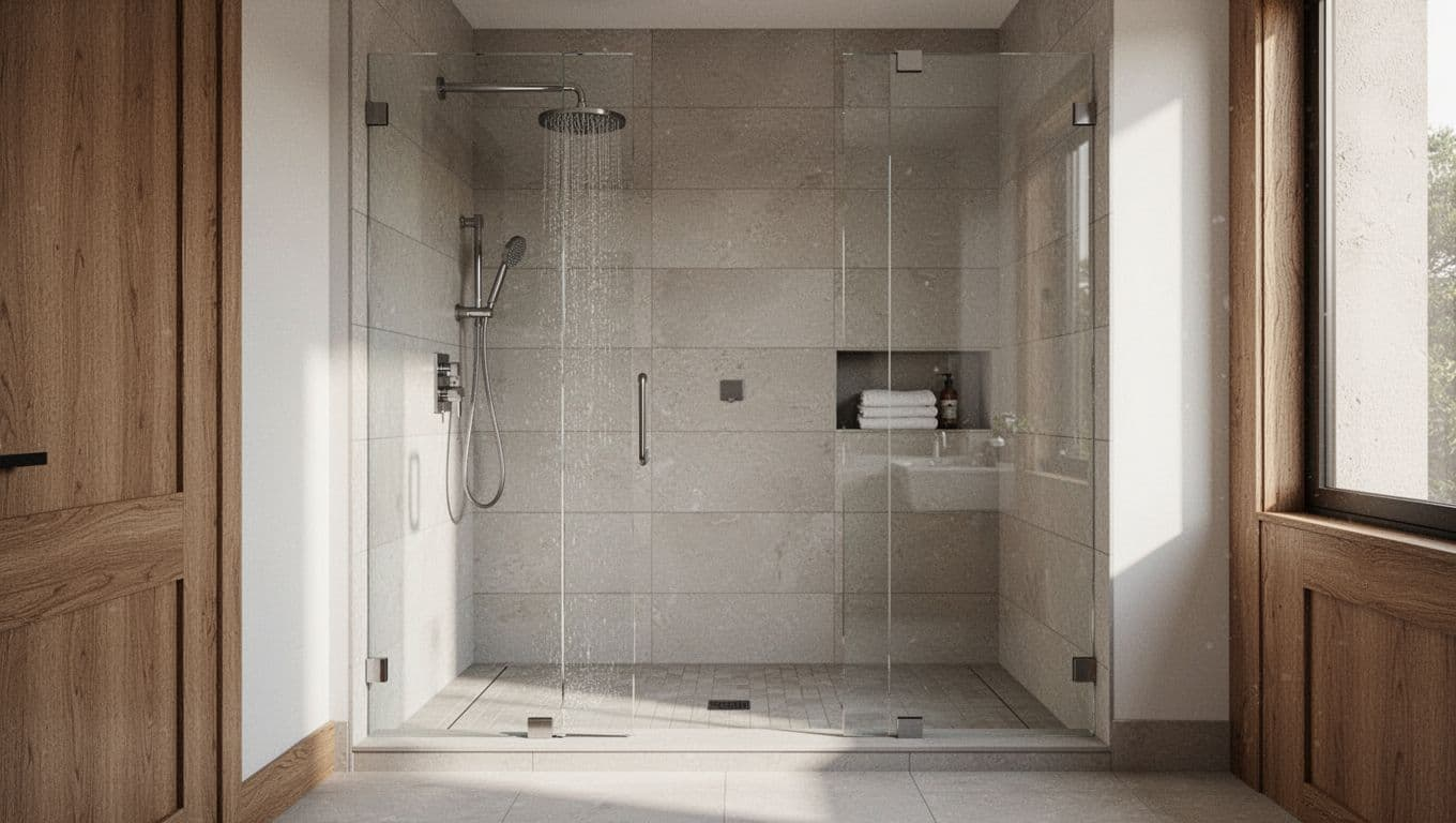 Spacious modern walk-in shower in a bright Texas bathroom with low-threshold entry, large matte porcelain tiles, frameless glass enclosure, built-in niche shelf with folded towel, rainfall showerhead, and handheld sprayer in neutral tones with wood accents.