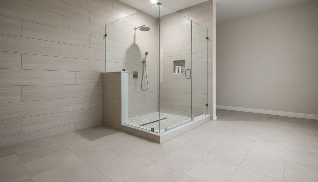 Bright modern walk-in shower with neutral tile walls, frameless glass door, built-in niche shelf, and handheld shower wand in a spacious Lakewood Village TX bathroom, showcasing the appealing finished result of an affordable remodel with open floor space and clean design.