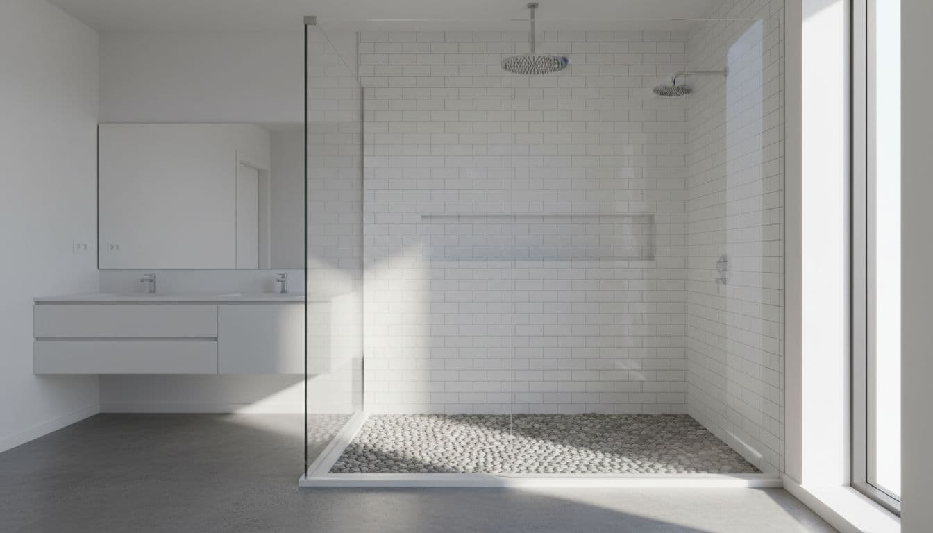 Modern walk-in shower featuring low-threshold entry for safety, frameless glass enclosure, white subway tile walls, pebble mosaic floor, rainfall showerhead, and built-in niche shelf in a spacious contemporary bathroom.