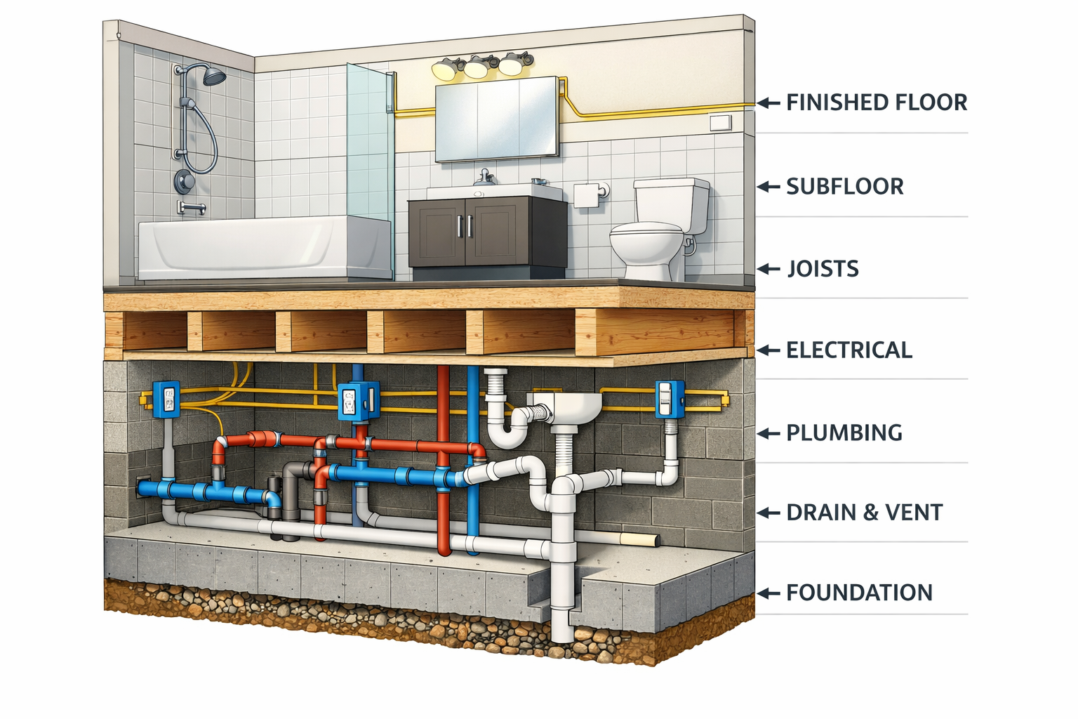 Illustration showing bathroom layers including plumbing, electrical, and structural components