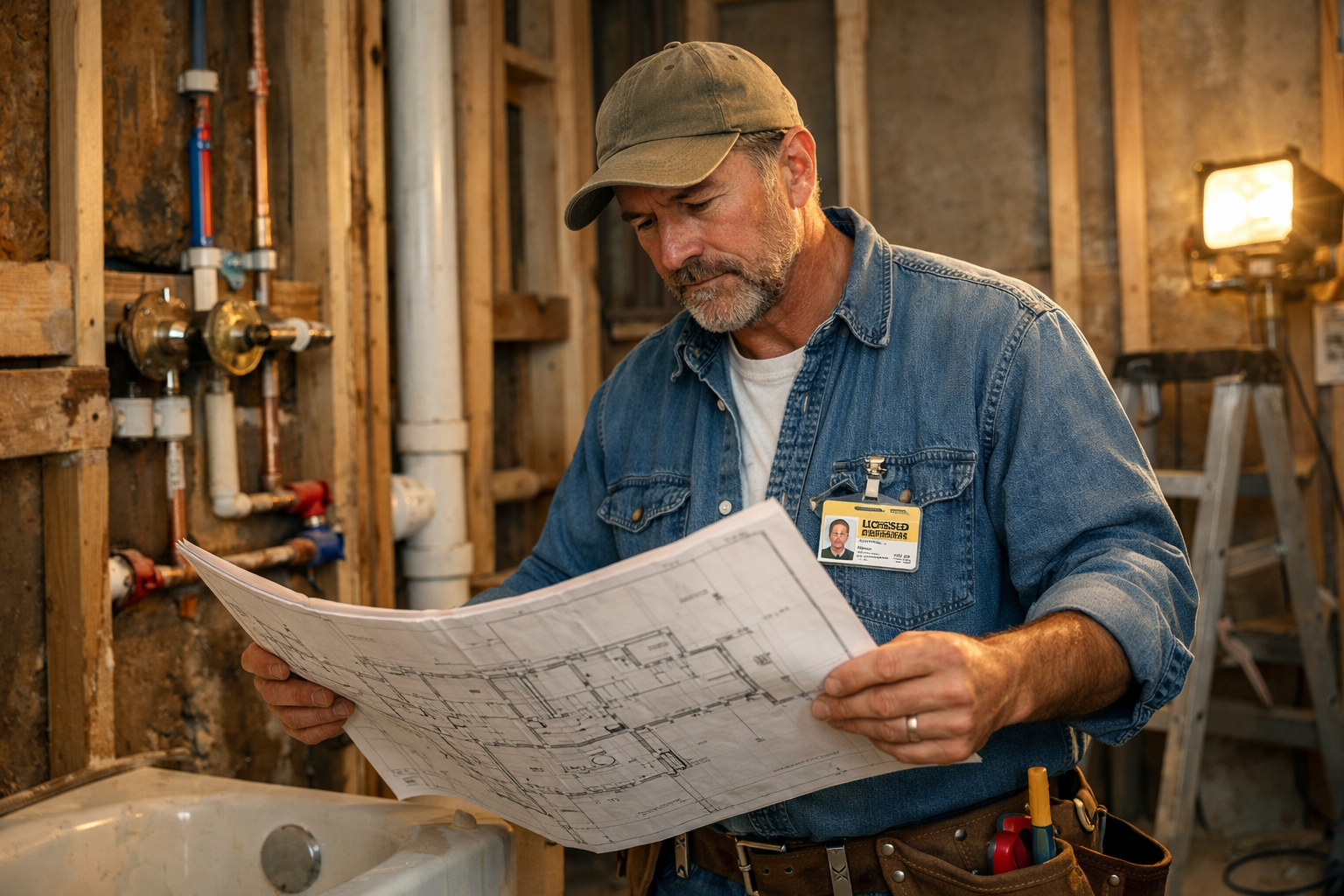 Licensed contractor reviewing bathroom renovation blueprints with exposed framing and plumbing
