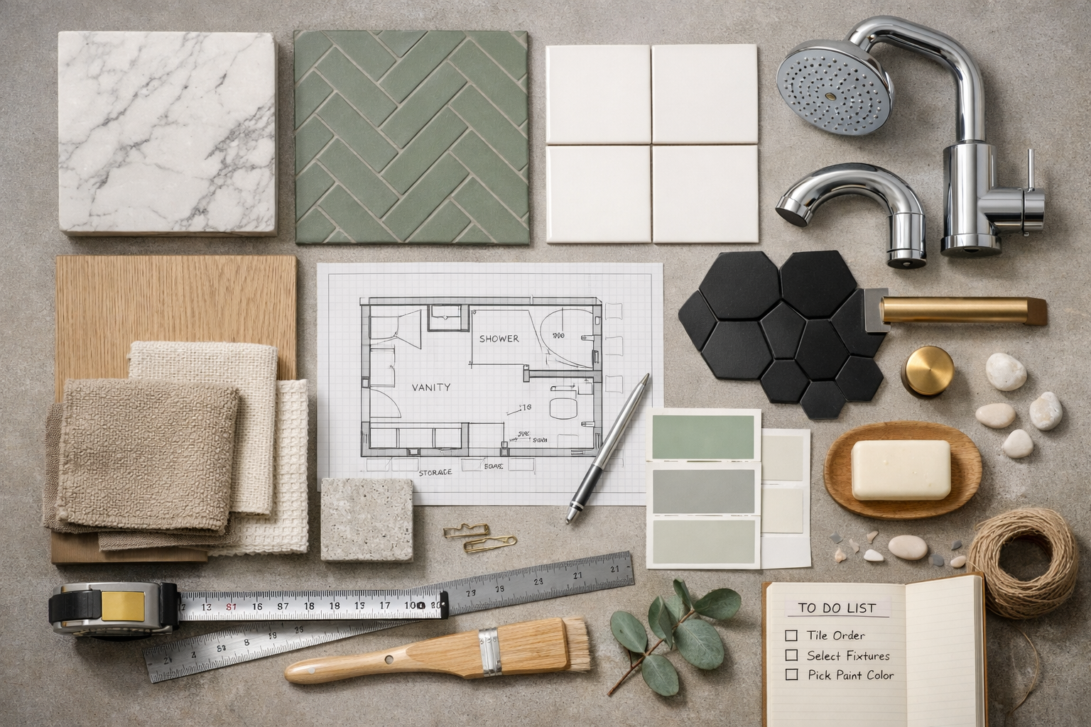 Bathroom remodel mood board with tiles and materials