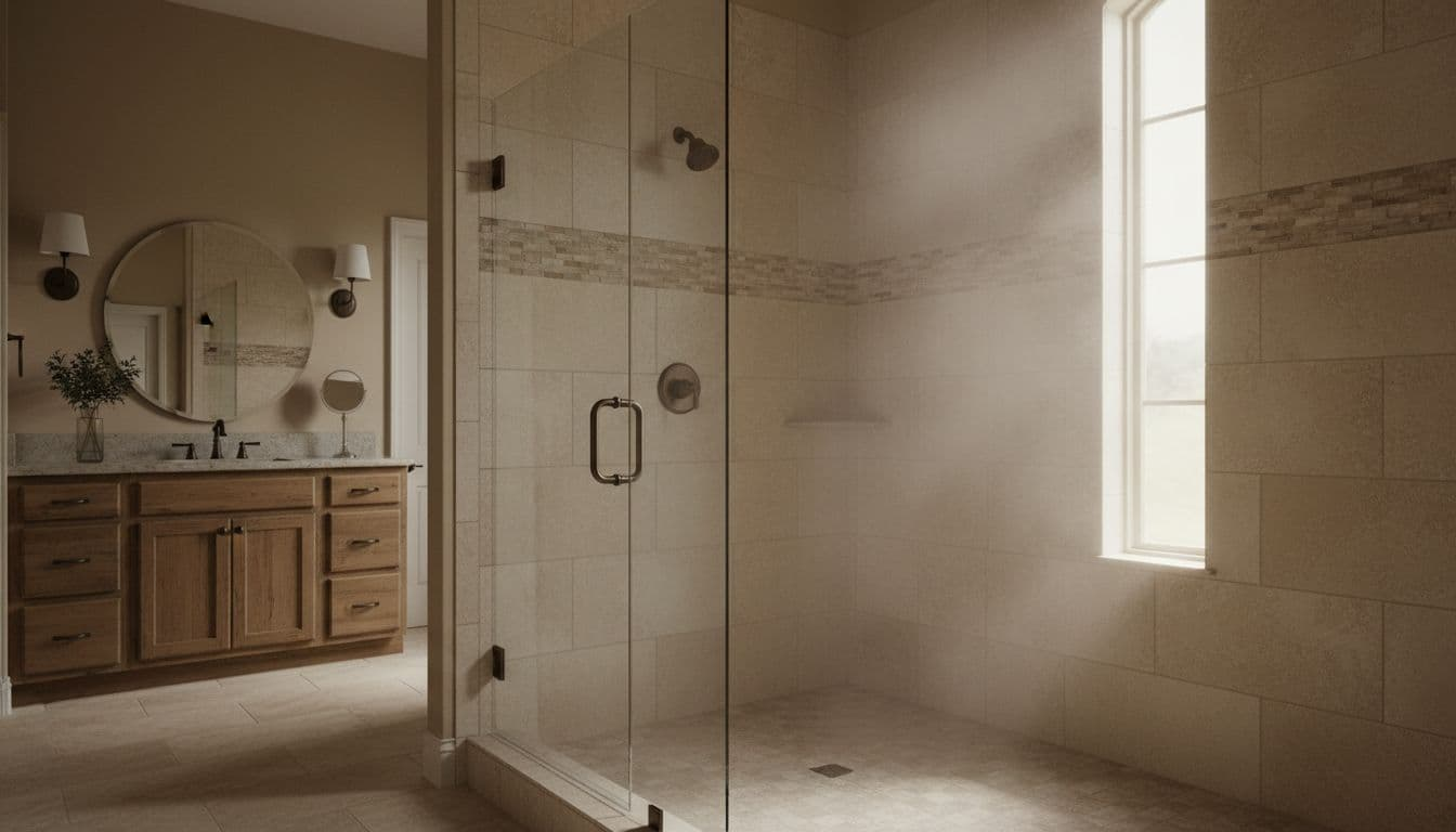 Completed walk-in shower installation in a North Texas style home bathroom with open layout, nearby vanity, low step entry, clean tile work, glass enclosure, and soft steam effect in cinematic style.