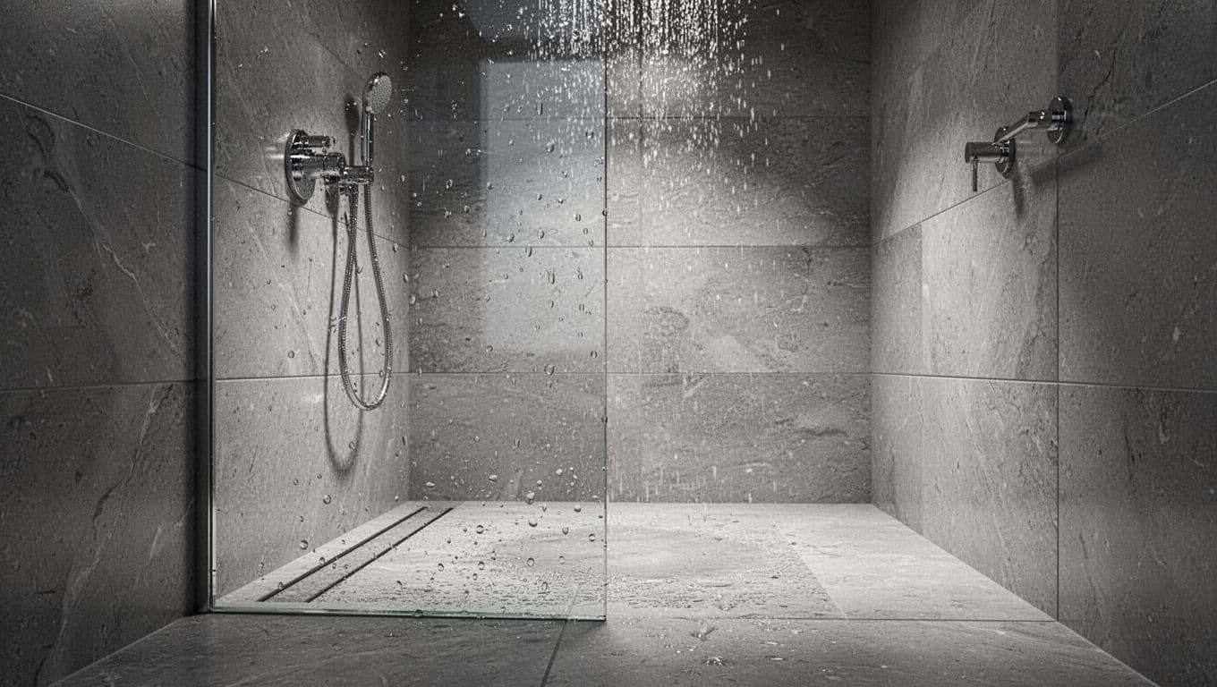 Close-up details of premium shower materials in a modern bathroom, including polished gray porcelain wall tiles, textured non-slip floor tile, clear frameless glass panel with water beads, and chrome fixtures.