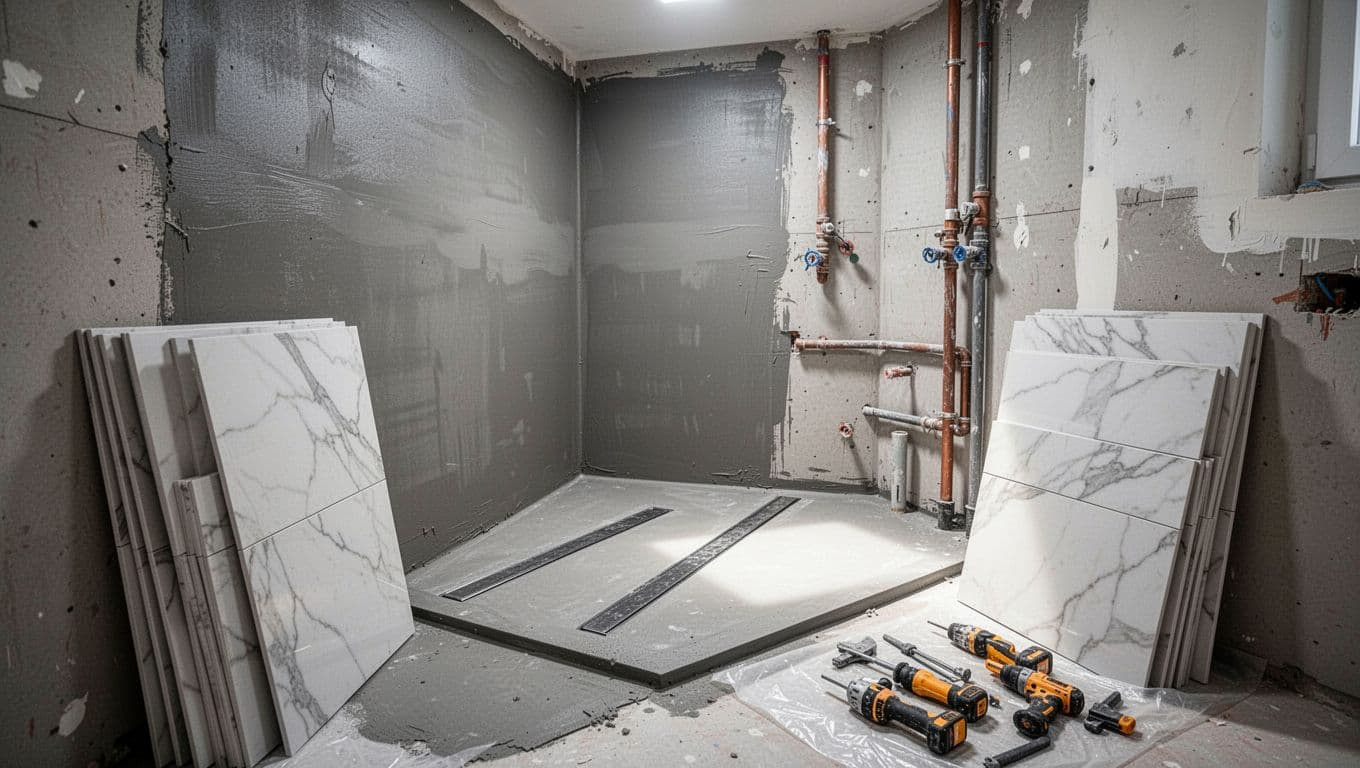 Mid-construction phase of shower remodel featuring waterproof liner on walls and floor pan with linear drain, prepared porcelain tiles, visible plumbing rough-in, and organized tools under bright lighting in a modern bathroom.