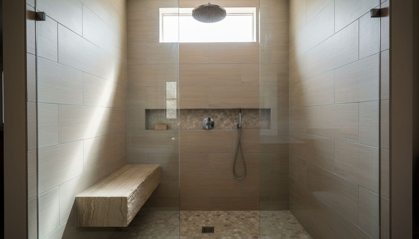 Spacious modern walk-in shower in a contemporary bathroom with light porcelain tile walls, frameless glass enclosure, built-in niche, rainfall showerhead, handheld wand, natural stone bench, and slip-resistant floor, illuminated by natural light in cinematic style.