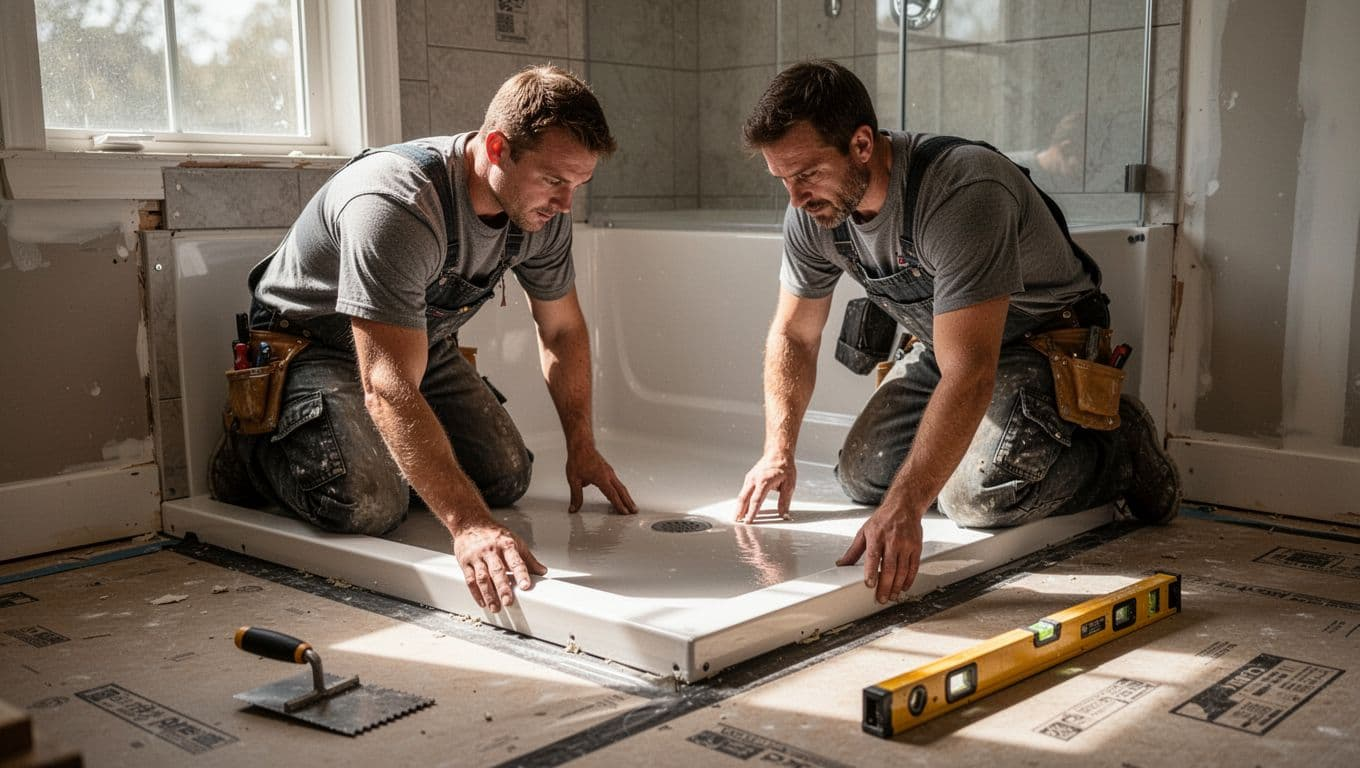 Two professional remodelers in work clothes kneel focused on installing a waterproof shower pan and base in a home bathroom during tub to shower conversion, with tools like trowel and level nearby, protected floors, and natural window light creating dramatic cinematic shadows and strong contrast.