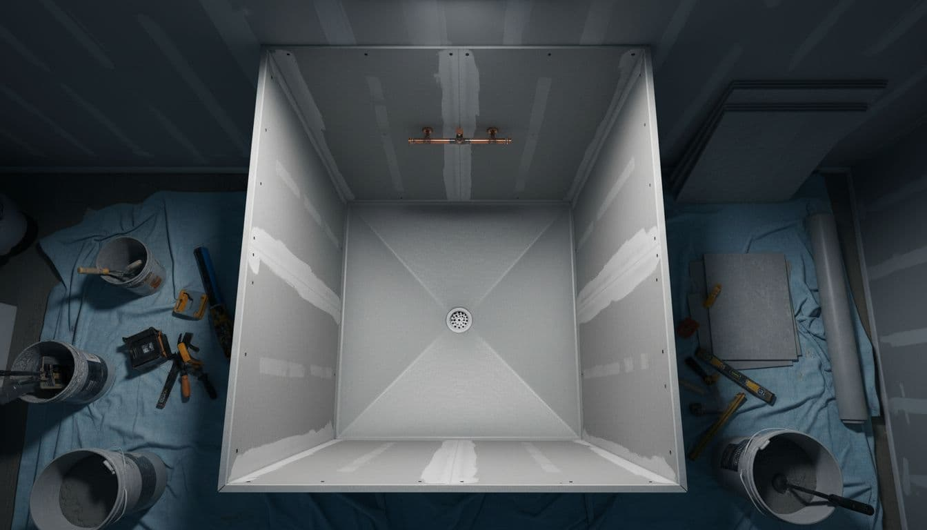 Clean mid-construction phase of walk-in shower conversion showing freshly installed waterproof shower pan with proper slope to drain, cement board walls ready for tile, visible plumbing rough-in, and organized tools on a protected drop cloth in a home bathroom. Captured in cinematic style with strong contrast and dramatic overhead lighting creating shadows and depth.