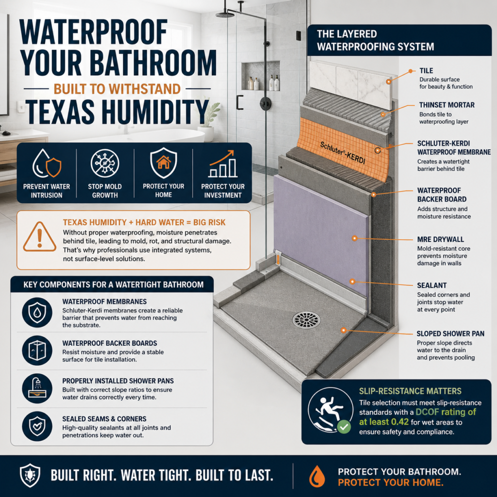How do you waterproof a bathroom for Texas humidity