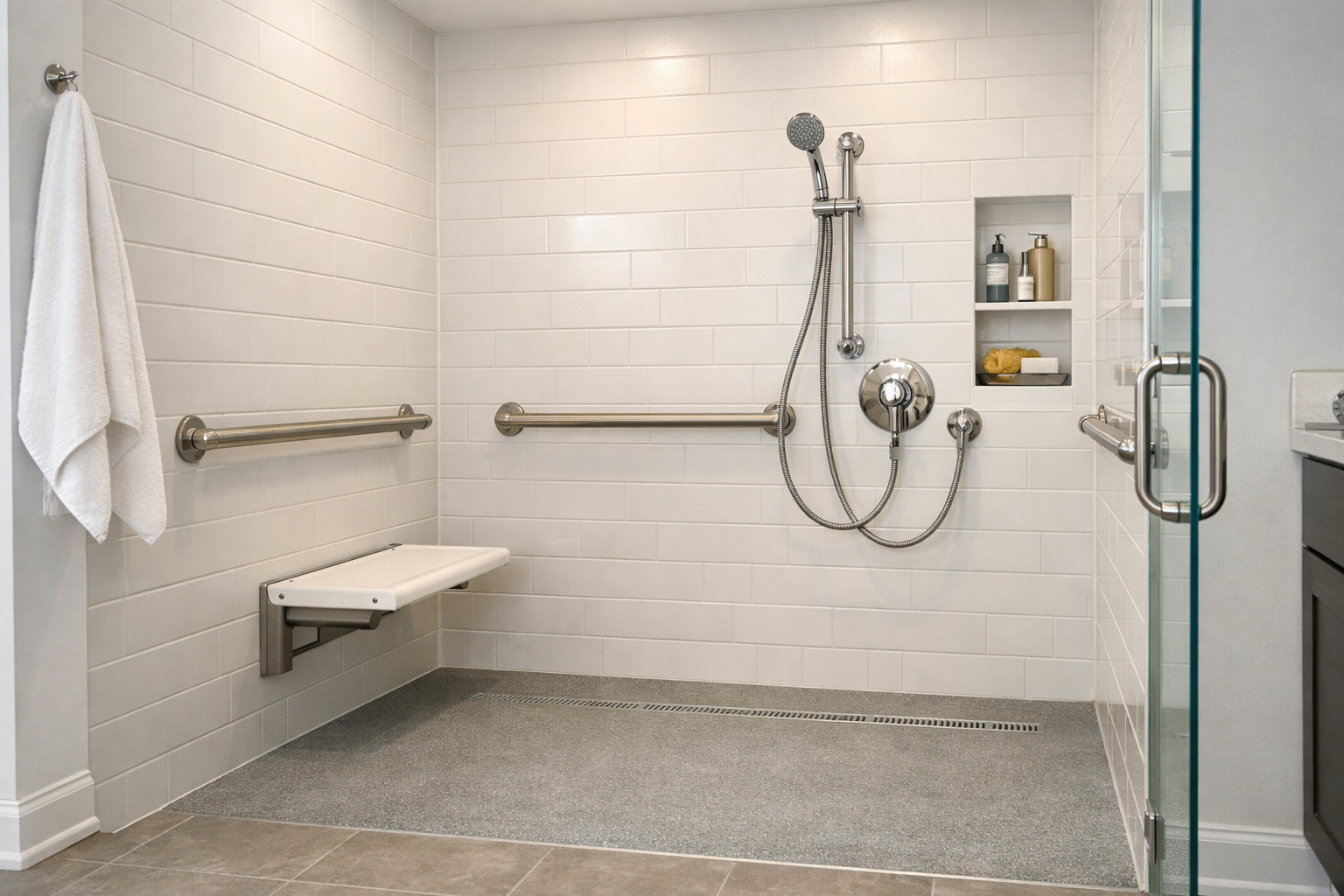 Modern accessible walk-in shower with no threshold and grab bars
