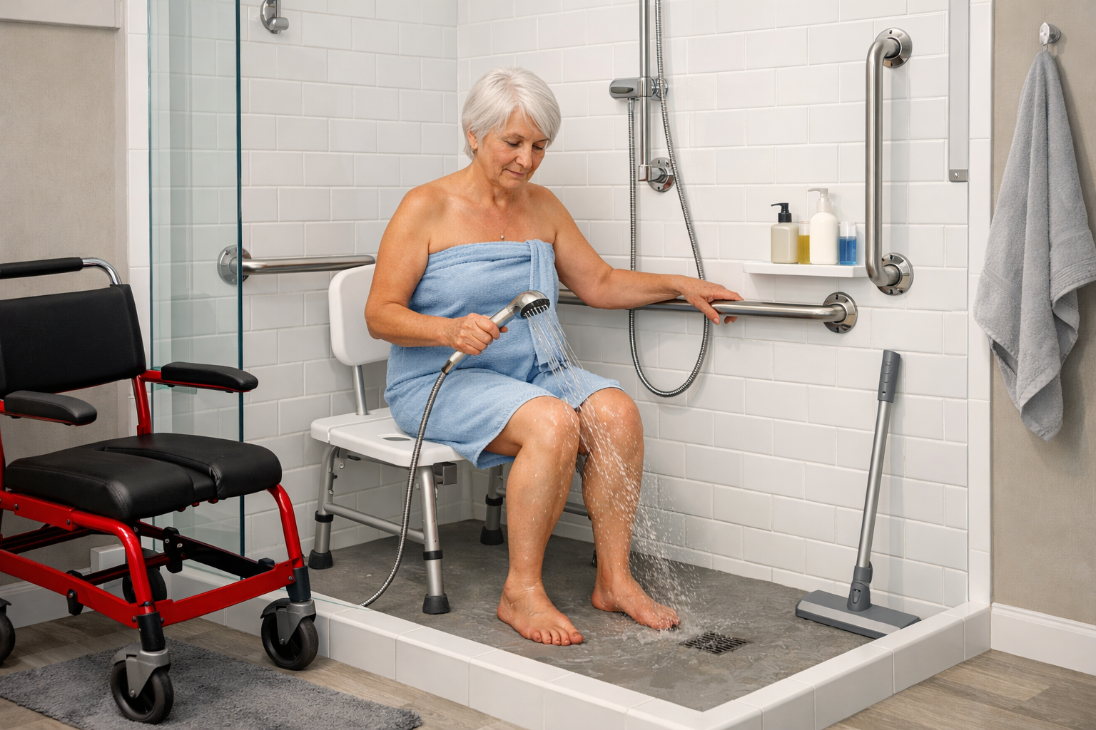 Accessible shower with mobility aids and grab bars