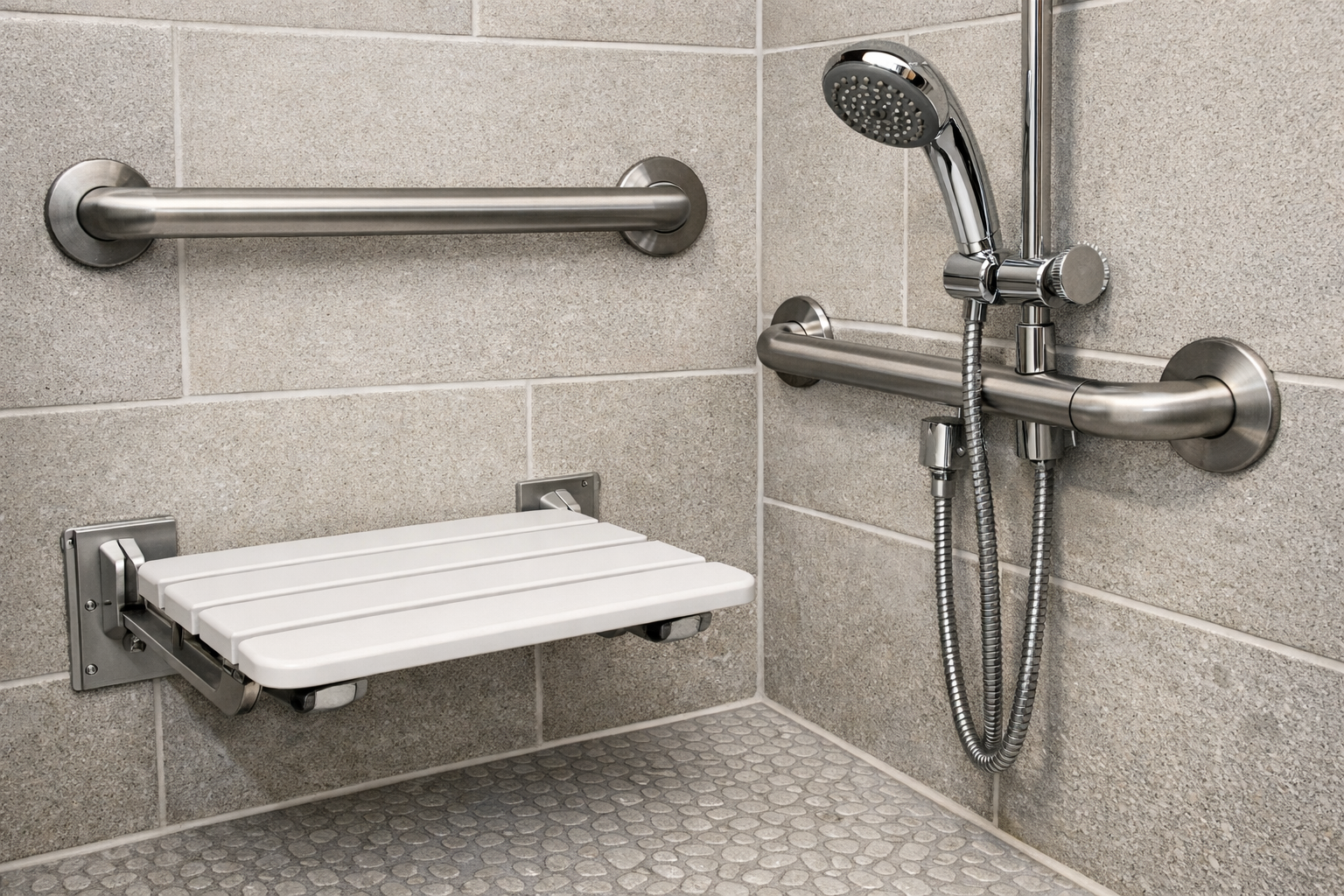 Accessible shower with grab bars and non-slip flooring